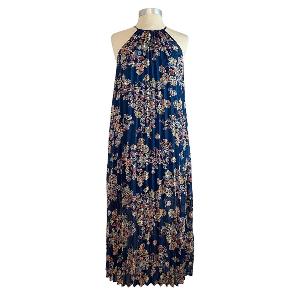 Line & Dot Pleated Halter Maxi Dress Small Blue Floral Boho Festival Resort